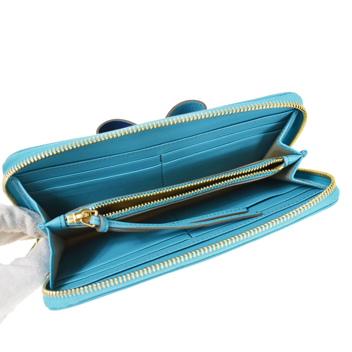 CHLOE Logo Long Leather Bow Wallet Purse Ribbon Blue Gold Bulgaria 68YA303