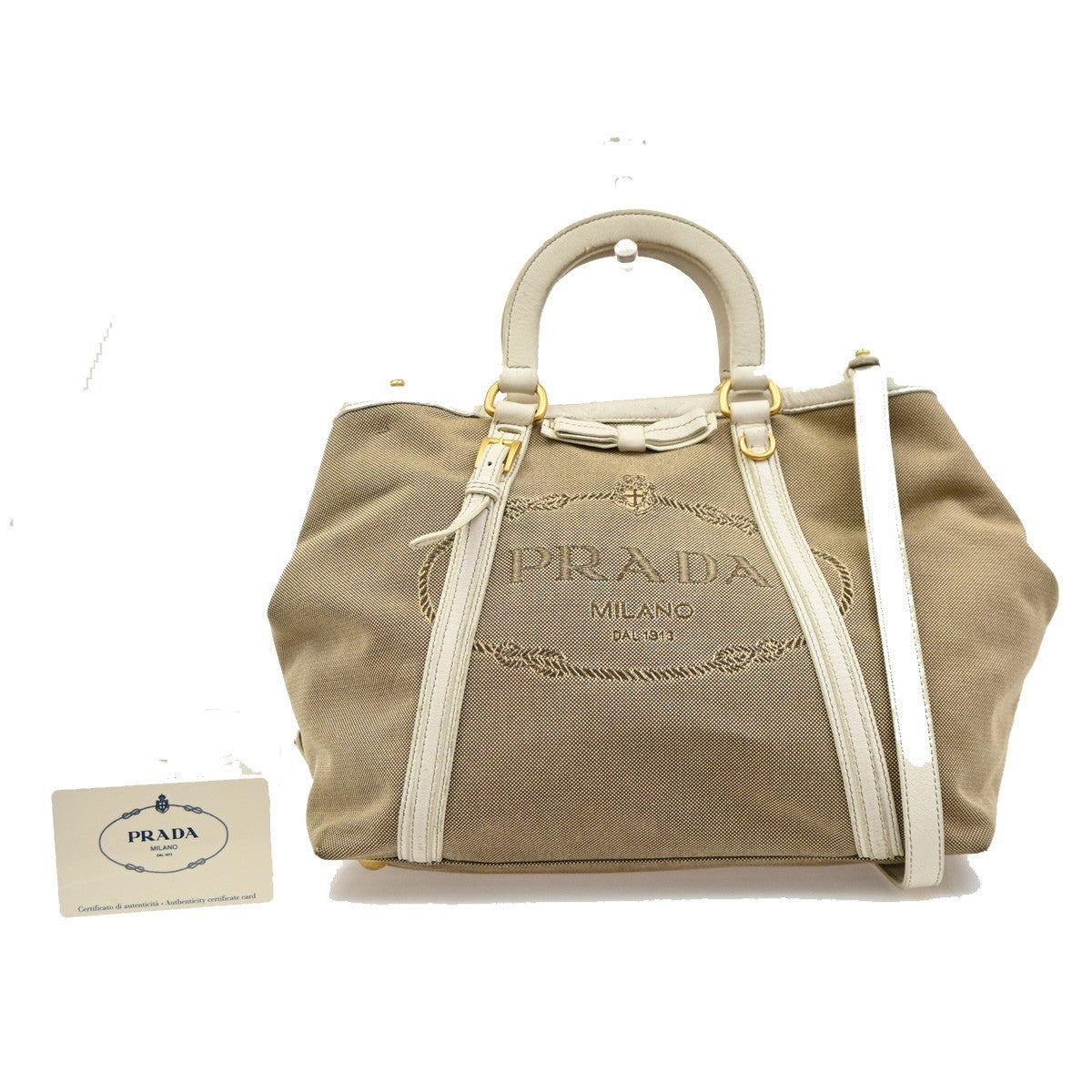 PRADA Jacquard 2way Shoulder Hand Bag Canvas Leather Beige White Italy 65KD221
