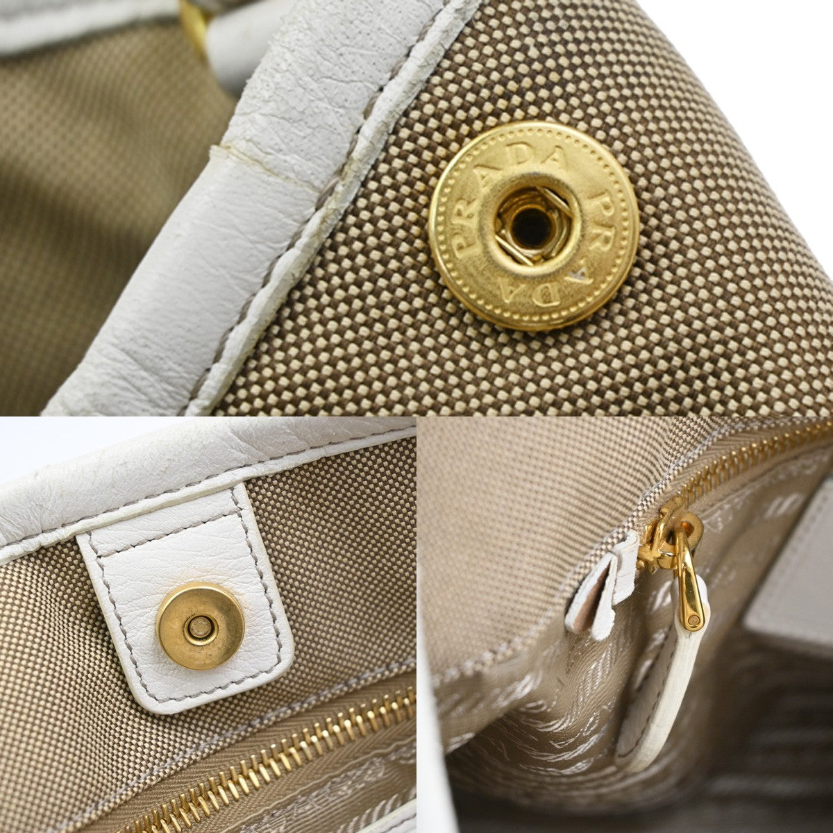 PRADA Jacquard 2way Shoulder Hand Bag Canvas Leather Beige White Italy 65KD221
