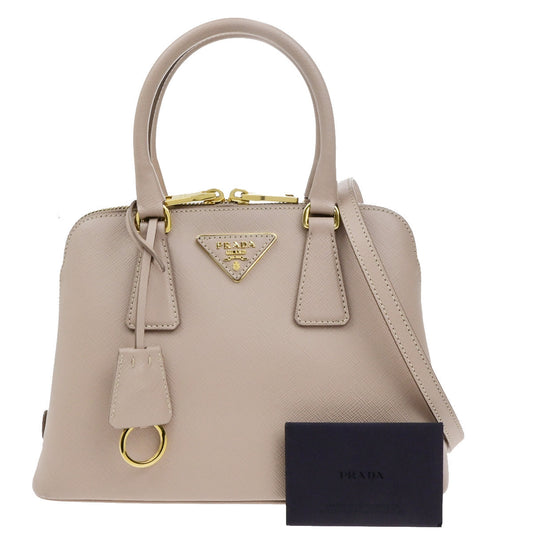 PRADA Logo Saffiano 2Way Shoulder Hand Bag Leather Beige Cammeo GHW 667RK958