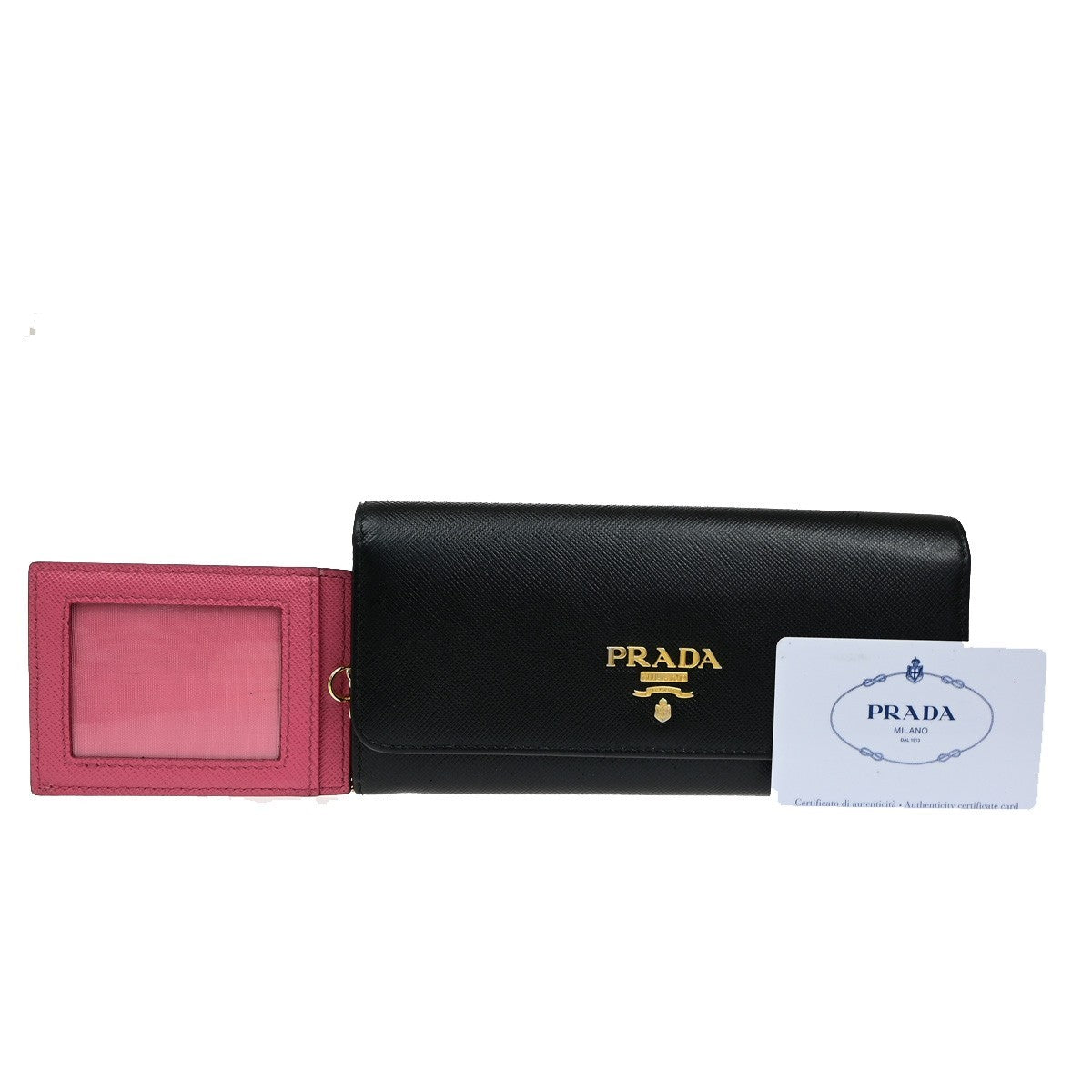 PRADA Logo Saffiano Multic Long Bifold Wallet Leather Black Pink GHW 37YH019