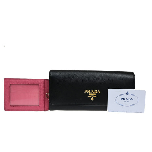 PRADA Logo Saffiano Multic Long Bifold Wallet Leather Black Pink GHW 37YH019