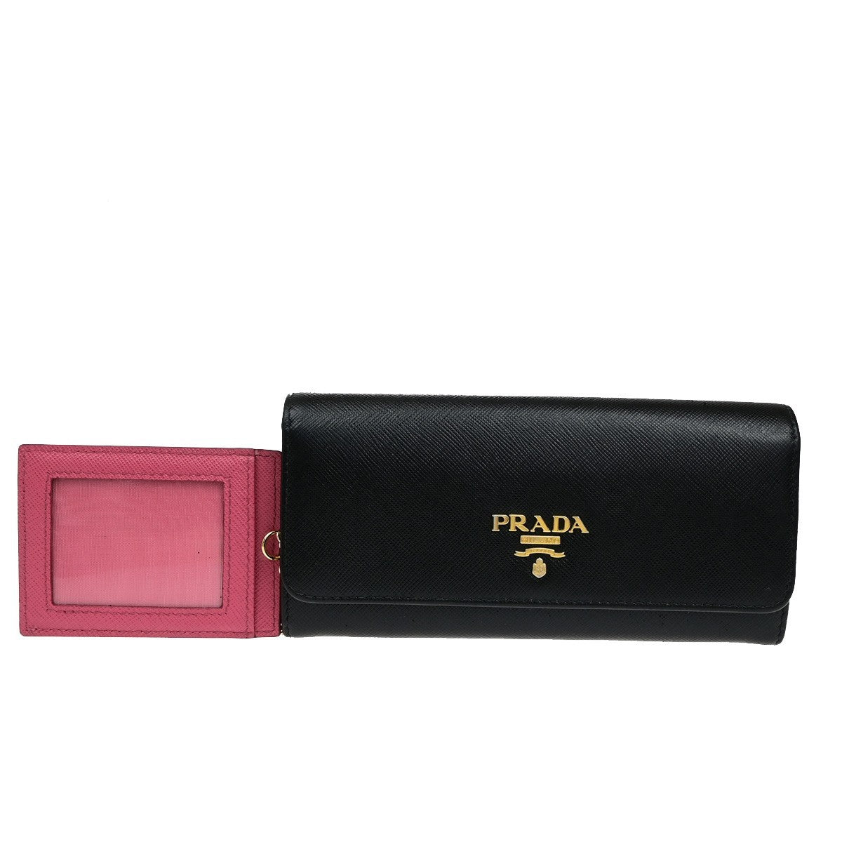 PRADA Logo Saffiano Multic Long Bifold Wallet Leather Black Pink GHW 37YH019