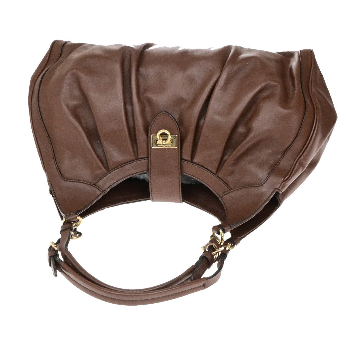 SALVATORE FERRAGAMO Logo Gancini Shoulder Hobo Bag Leather Brown GHW 67YG967
