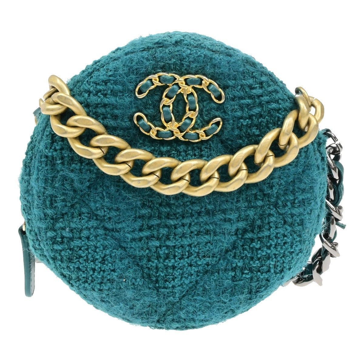 CHANEL 19 CC Logo Round Chain Mini Shoulder Bag Tweed Leather Green 332LC528