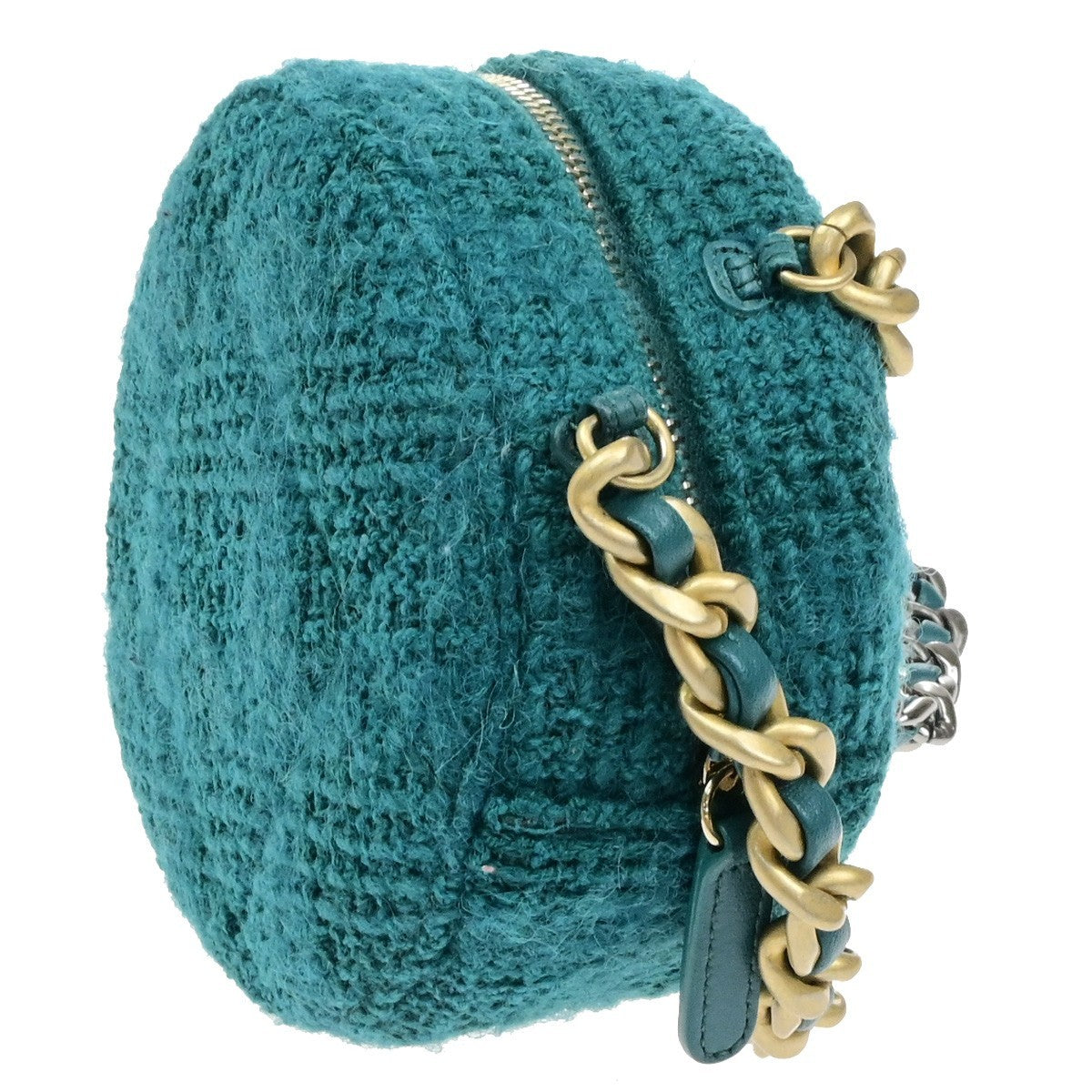 CHANEL 19 CC Logo Round Chain Mini Shoulder Bag Tweed Leather Green 332LC528