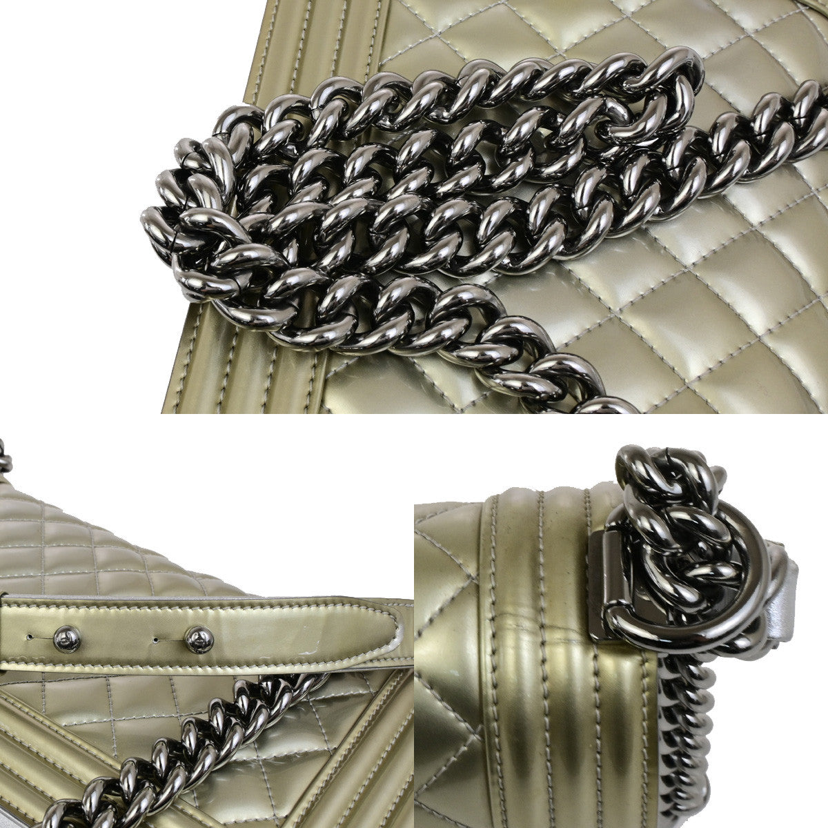 CHANEL CC Boy Bicolor Chain Shoulder Bag Patent Leather GD Silver SHW 385RK882