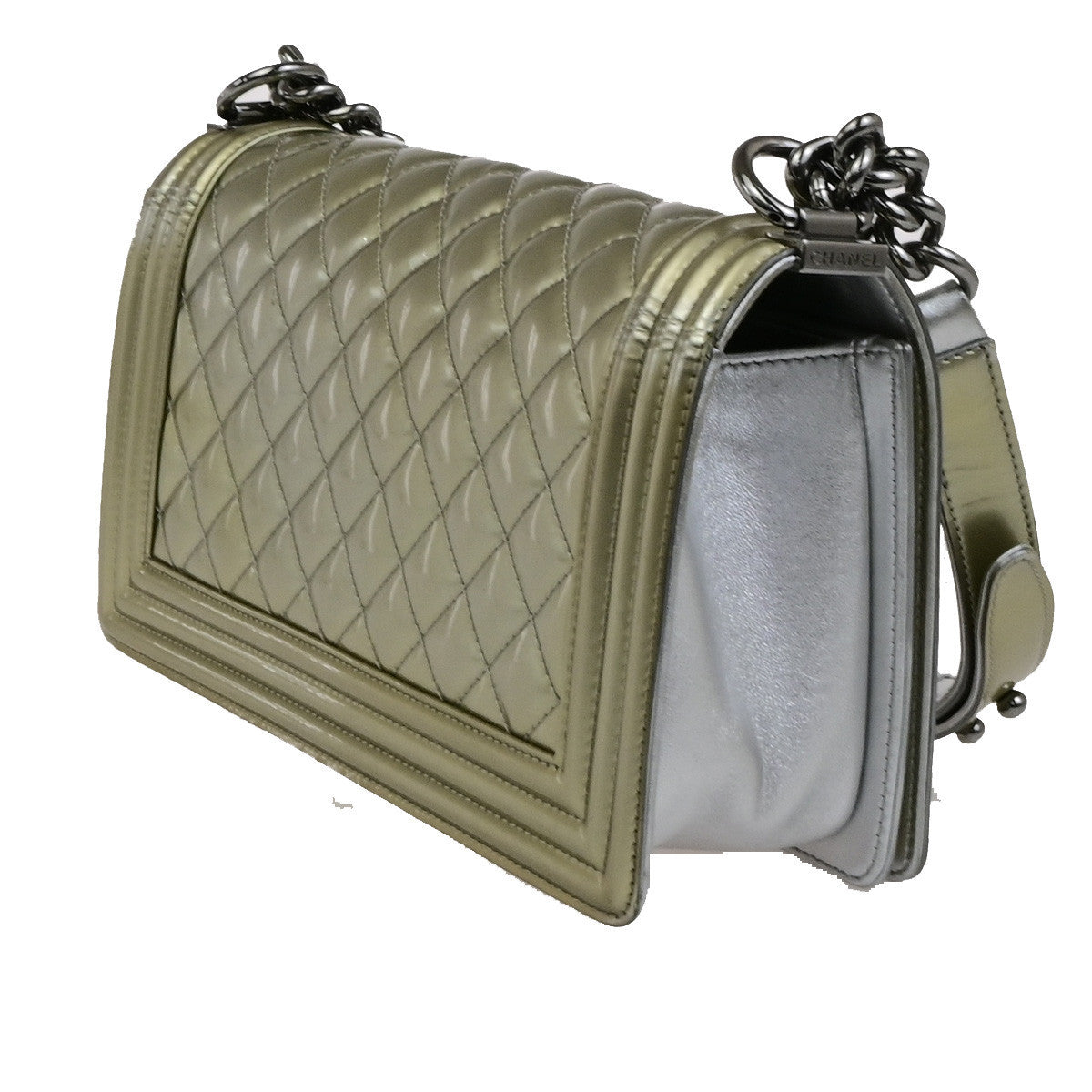 CHANEL CC Boy Bicolor Chain Shoulder Bag Patent Leather GD Silver SHW 385RK882