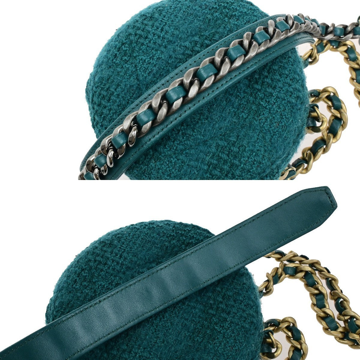 CHANEL 19 CC Logo Round Chain Mini Shoulder Bag Tweed Leather Green 332LC528