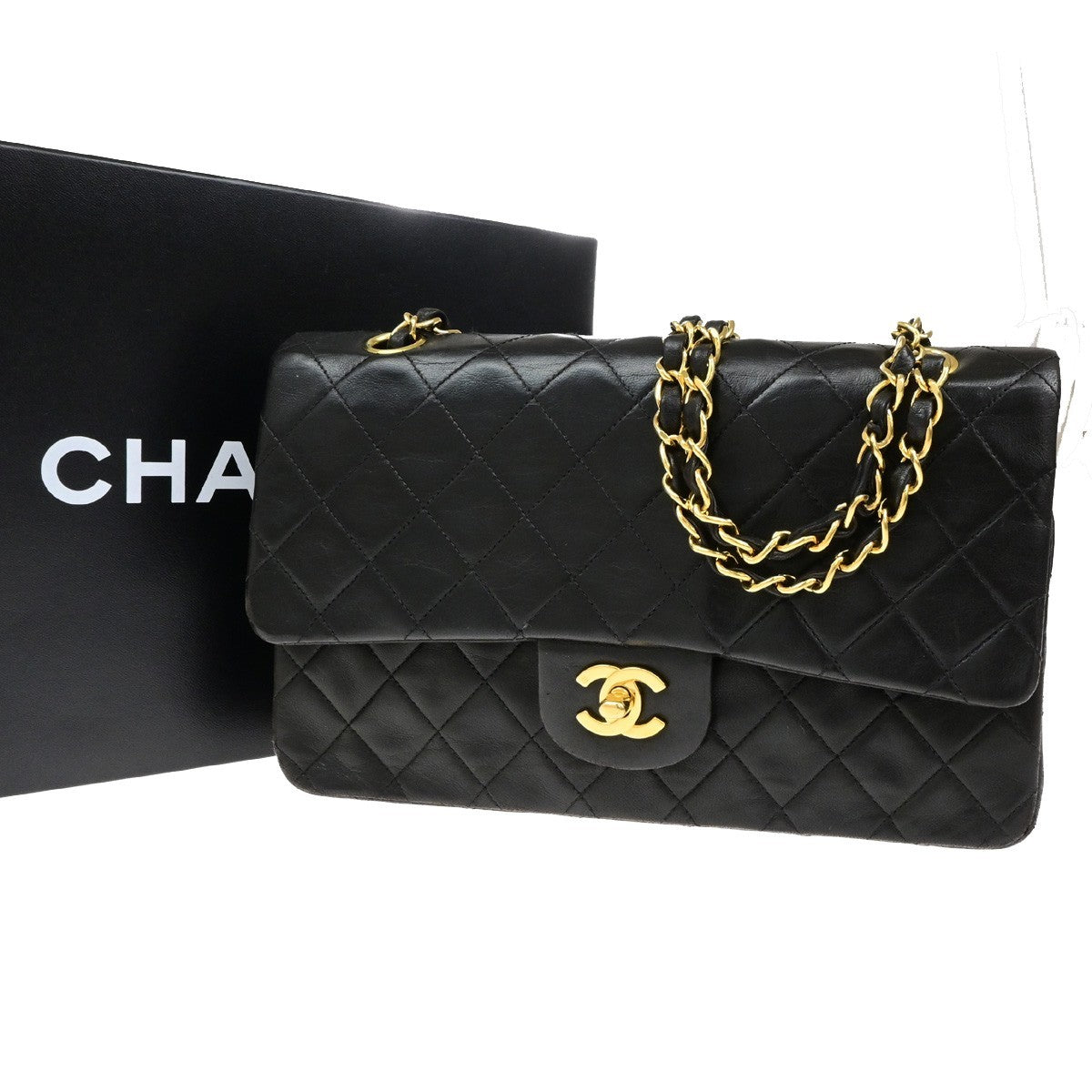 CHANEL CC Matelasse 25 Double Flap Chain Shoulder Bag Leather Black GHW 899RL052