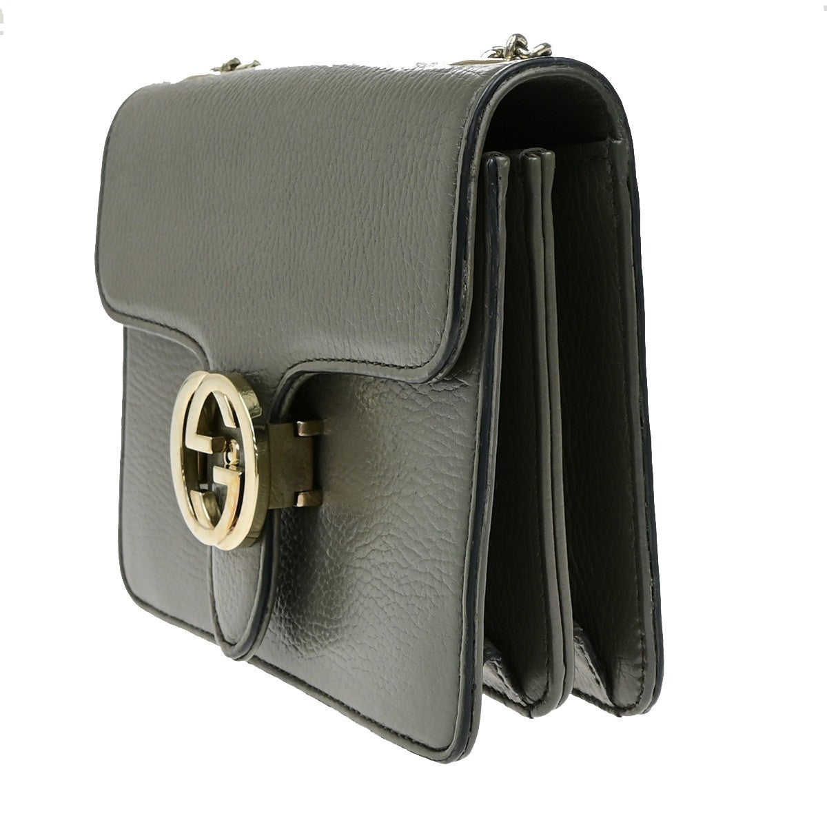 GUCCI Logo Interlocking G Chain Shoulder Bag Leather Gray GHW Italy 52YH025