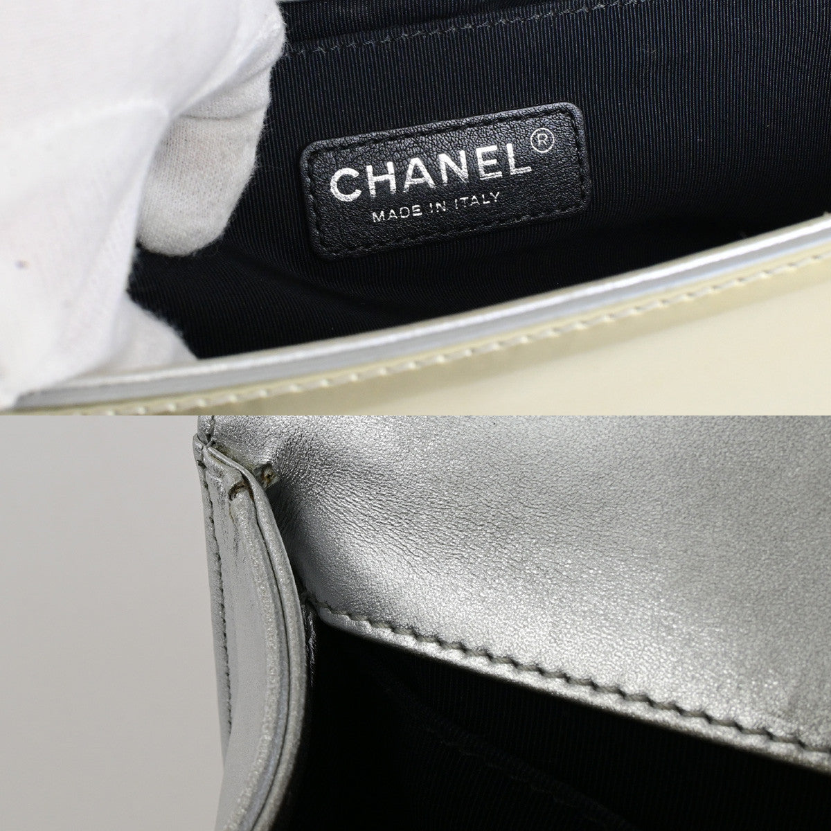 CHANEL CC Boy Bicolor Chain Shoulder Bag Patent Leather GD Silver SHW 385RK882