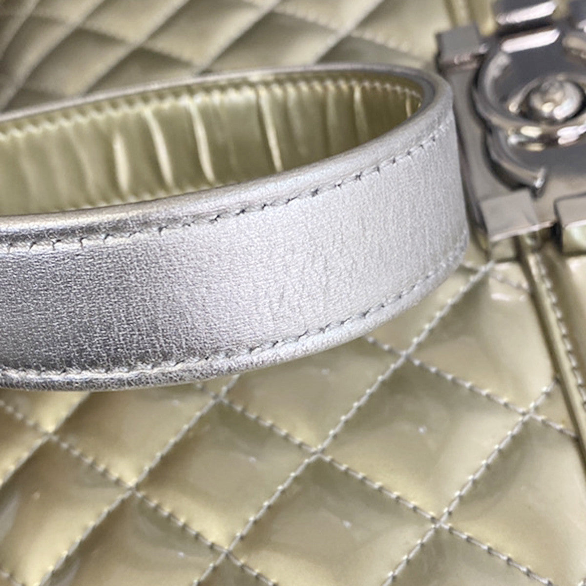CHANEL CC Boy Bicolor Chain Shoulder Bag Patent Leather GD Silver SHW 385RK882