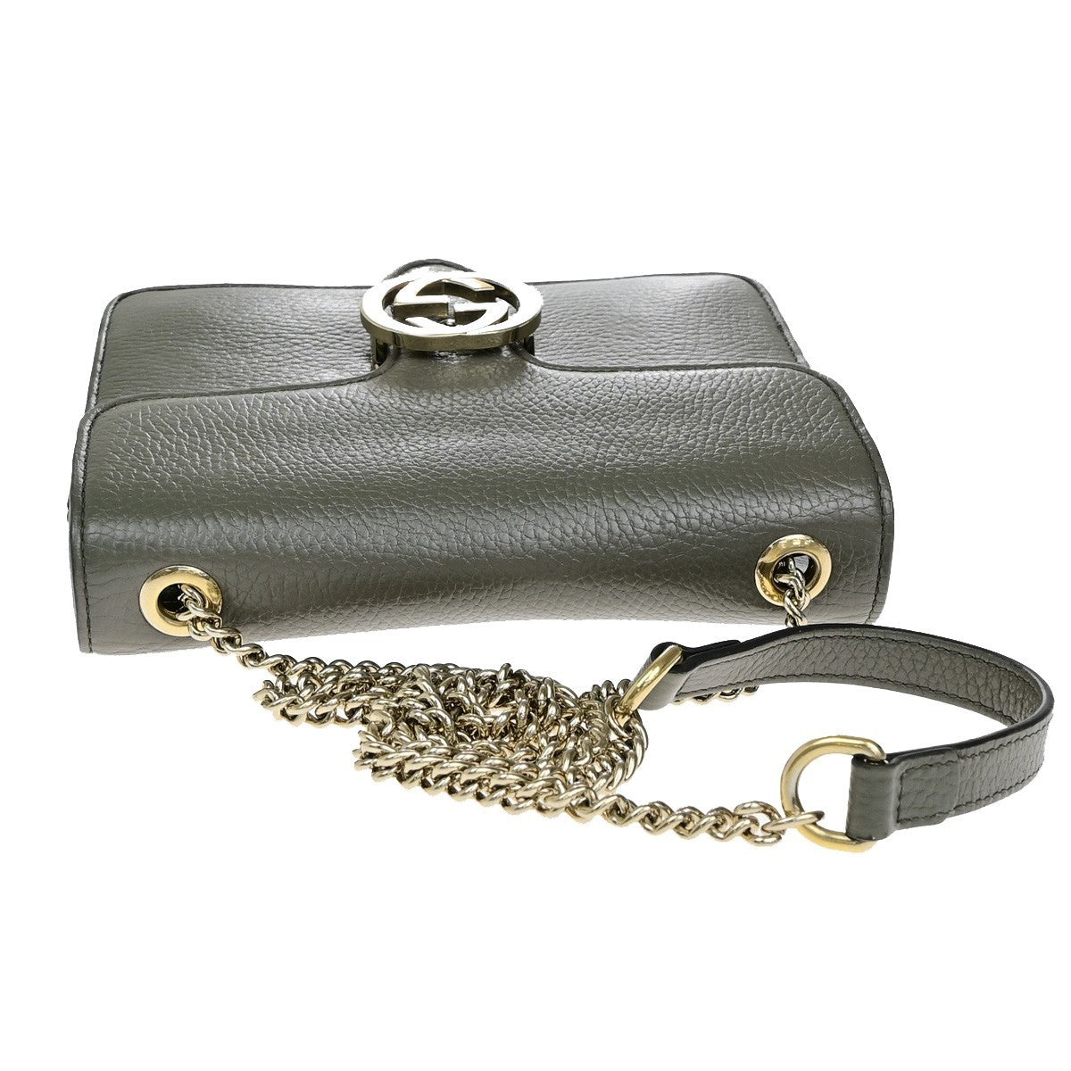 GUCCI Logo Interlocking G Chain Shoulder Bag Leather Gray GHW Italy 52YH025