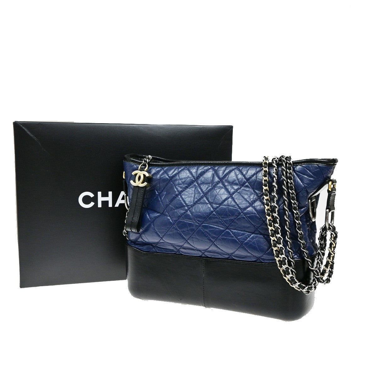 CHANEL CC Logo Gabrielle Chain Shoulder Bag Leather Black Blue Italy 691RL050