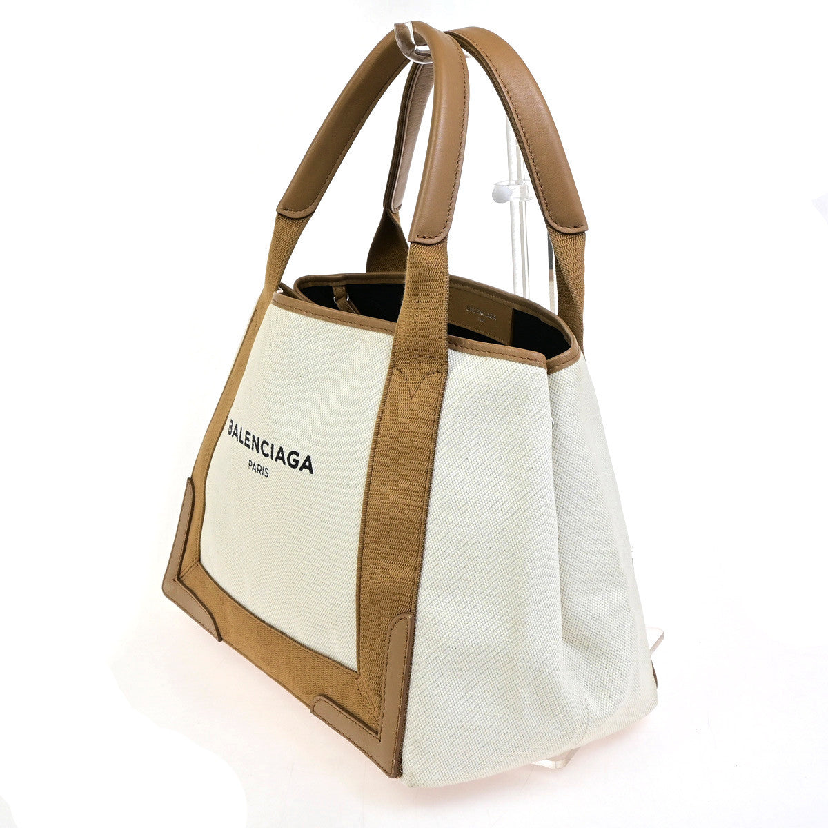 BALENCIAGA Navy Cabas S Shoulder Tote Bag Canvas Leather Brown 79YG892