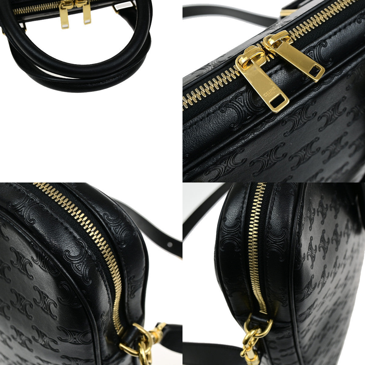 CELINE Logo Triomphe 2Way Business Shoulder Hand Bag Leather Black GHW 42RK907