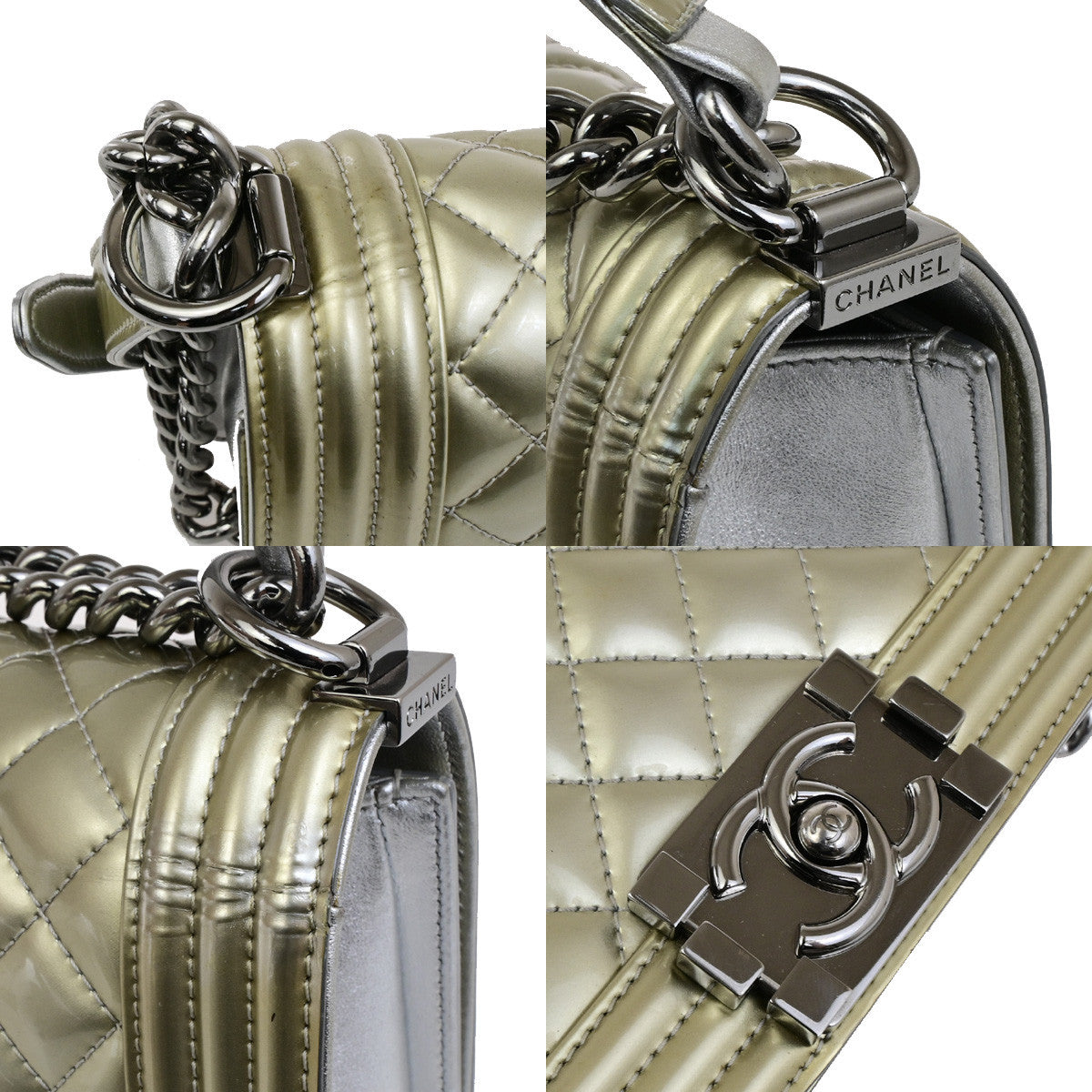 CHANEL CC Boy Bicolor Chain Shoulder Bag Patent Leather GD Silver SHW 385RK882
