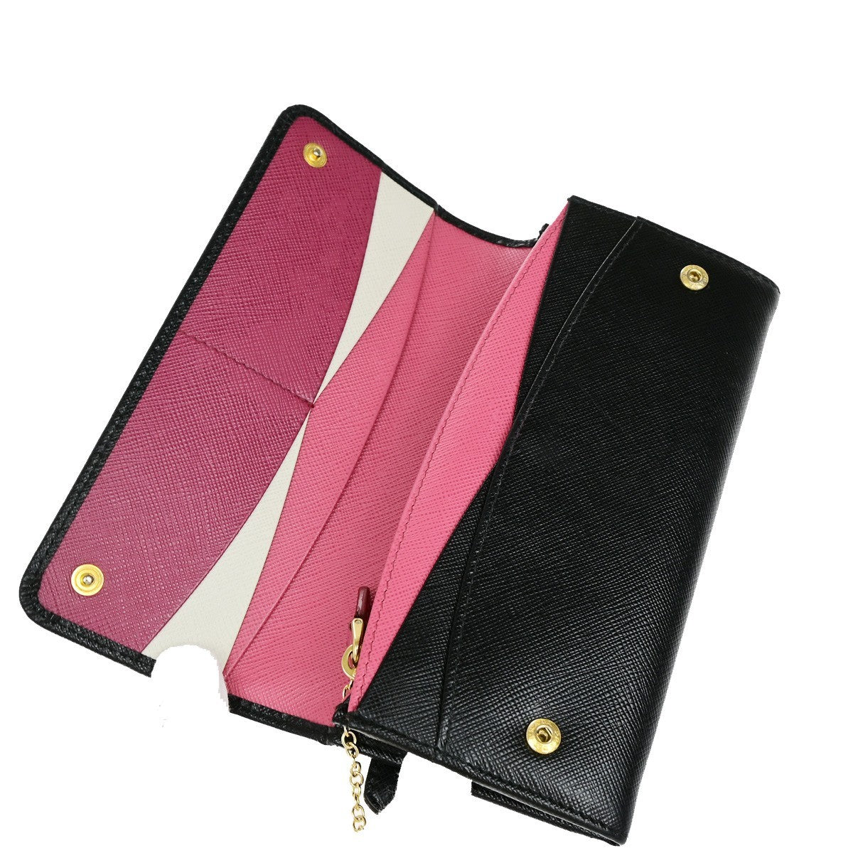 PRADA Logo Saffiano Multic Long Bifold Wallet Leather Black Pink GHW 37YH019