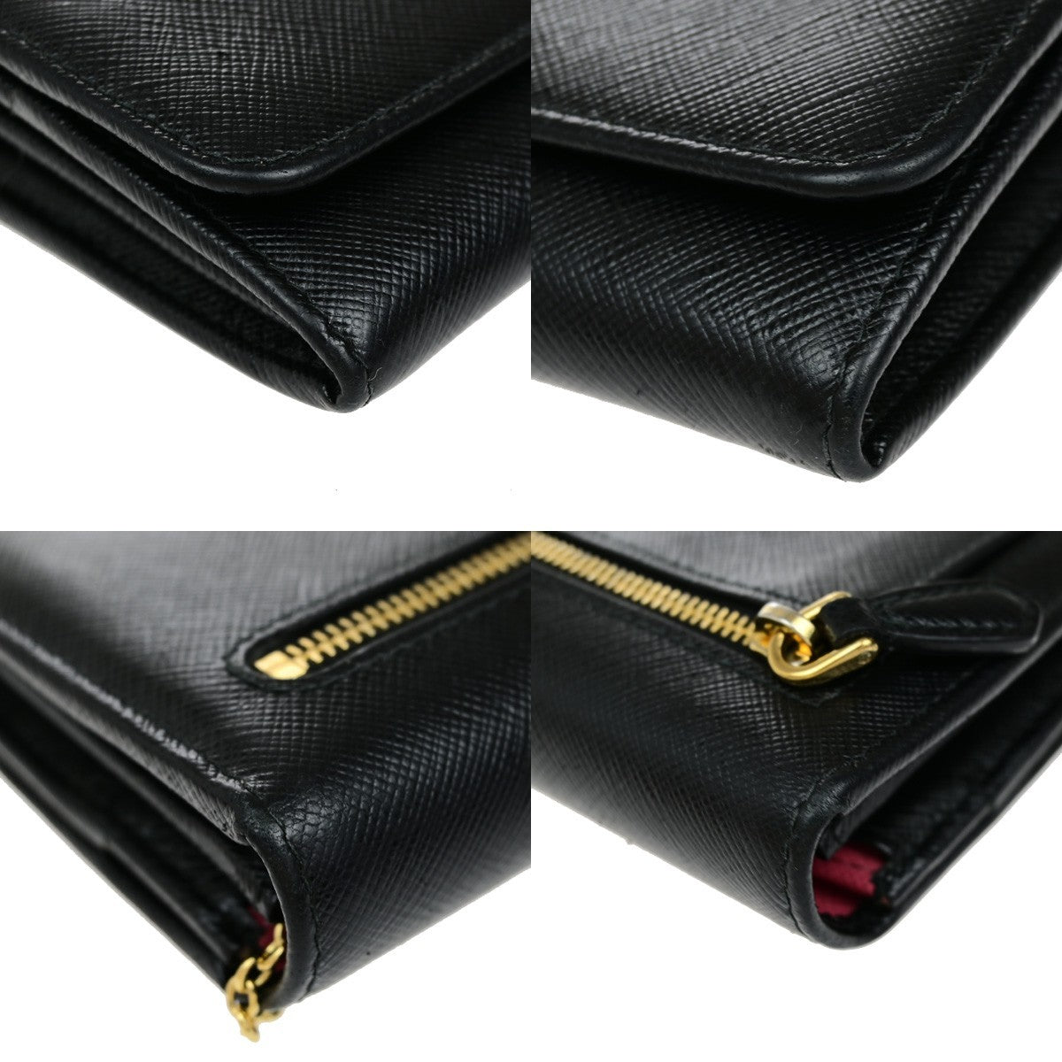 PRADA Logo Saffiano Multic Long Bifold Wallet Leather Black Pink GHW 37YH019