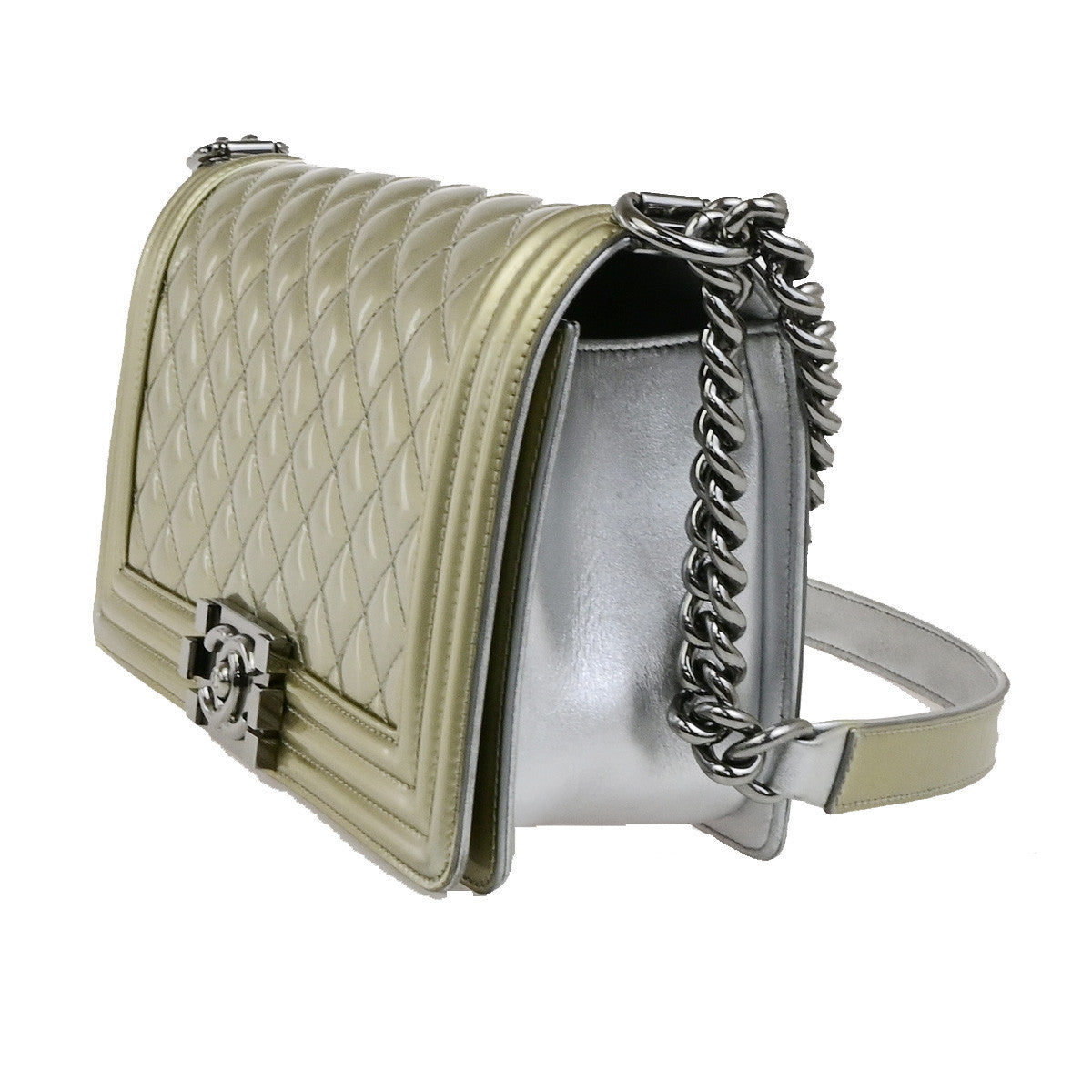 CHANEL CC Boy Bicolor Chain Shoulder Bag Patent Leather GD Silver SHW 385RK882