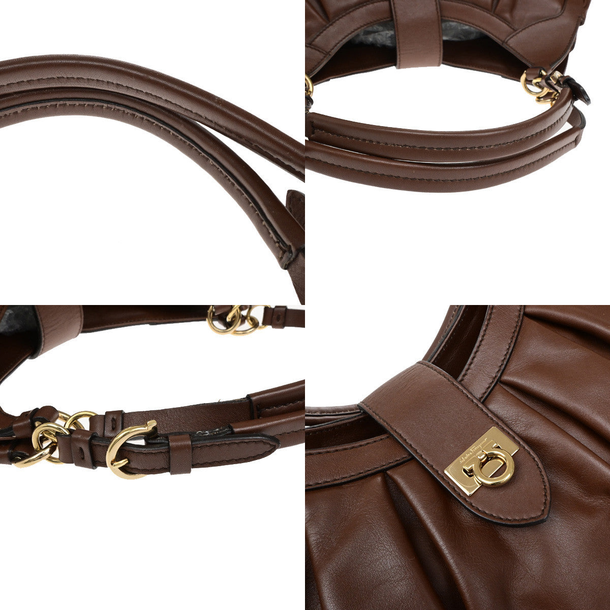 SALVATORE FERRAGAMO Logo Gancini Shoulder Hobo Bag Leather Brown GHW 67YG967