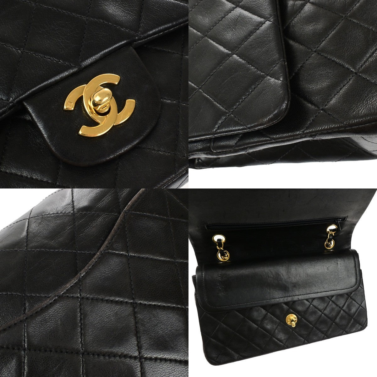 CHANEL CC Matelasse 25 Double Flap Chain Shoulder Bag Leather Black GHW 899RL052