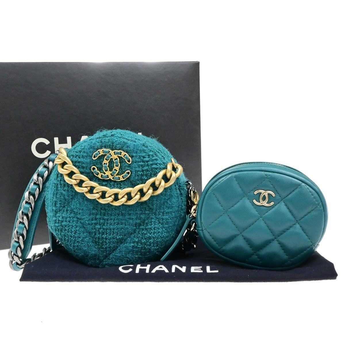 CHANEL 19 CC Logo Round Chain Mini Shoulder Bag Tweed Leather Green 332LC528