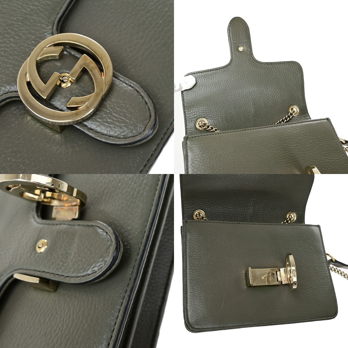 GUCCI Logo Interlocking G Chain Shoulder Bag Leather Gray GHW Italy 52YH025