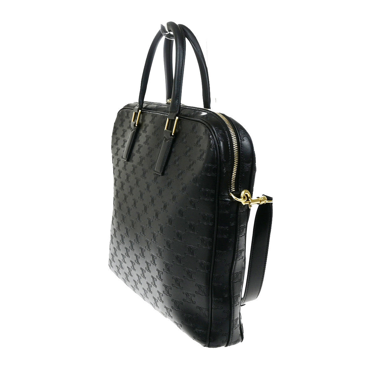 CELINE Logo Triomphe 2Way Business Shoulder Hand Bag Leather Black GHW 42RK907