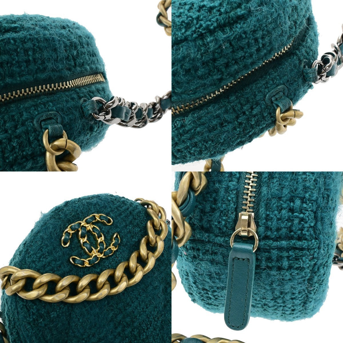 CHANEL 19 CC Logo Round Chain Mini Shoulder Bag Tweed Leather Green 332LC528