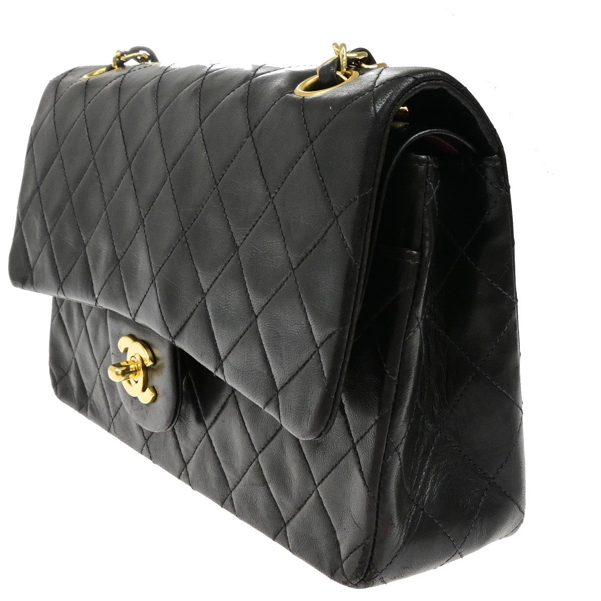 CHANEL CC Matelasse 25 Double Flap Chain Shoulder Bag Leather Black GHW 899RL052