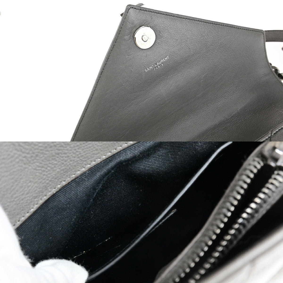 SAINT LAURENT College Medium Chain Shoulder Bag Quilted Leather Gray 667RK859