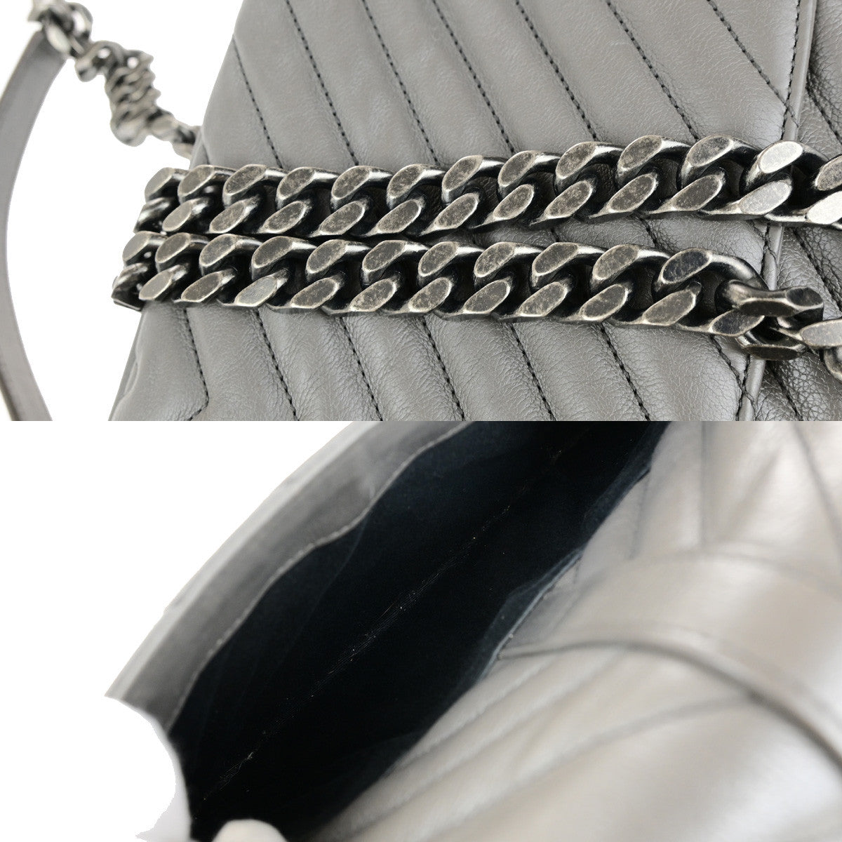 SAINT LAURENT College Medium Chain Shoulder Bag Quilted Leather Gray 667RK859