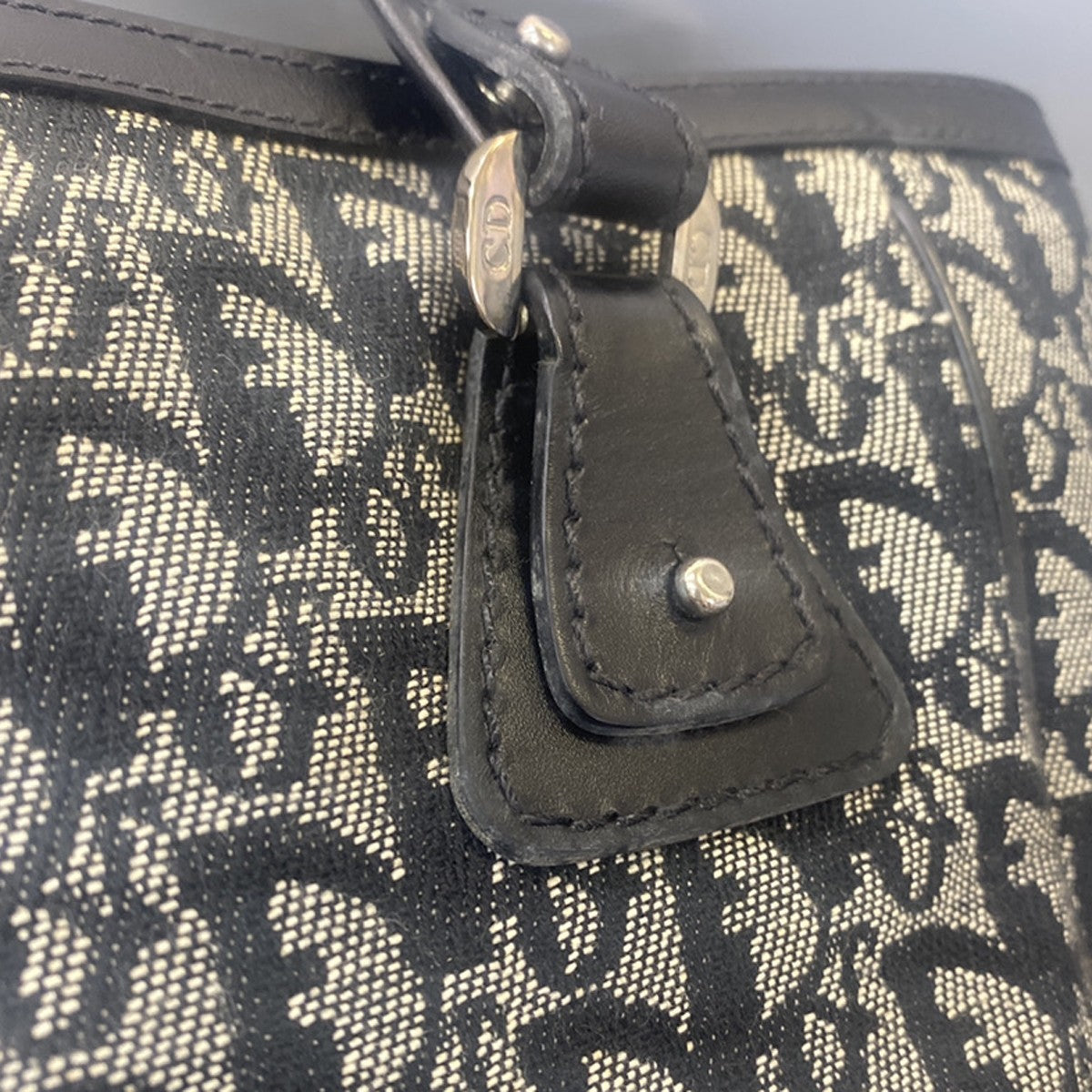 CHRISTIAN DIOR Logo Trotter Pattern Shoulder Bag Canvas Leather BK SHW 85YH036