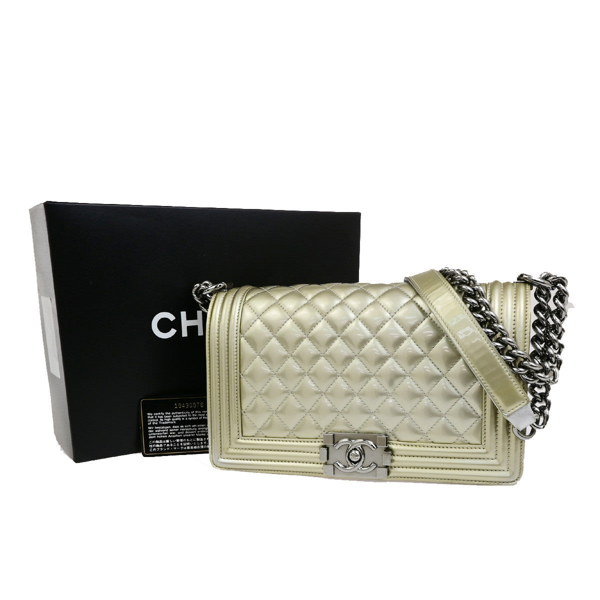 CHANEL CC Boy Bicolor Chain Shoulder Bag Patent Leather GD Silver SHW 385RK882