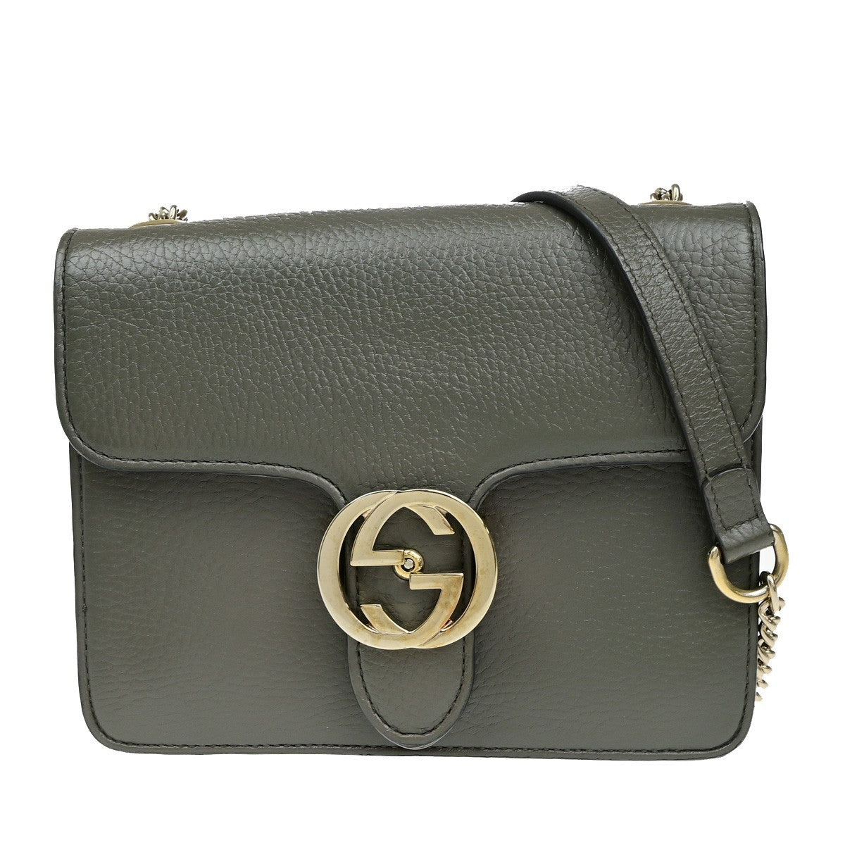 GUCCI Logo Interlocking G Chain Shoulder Bag Leather Gray GHW Italy 52YH025