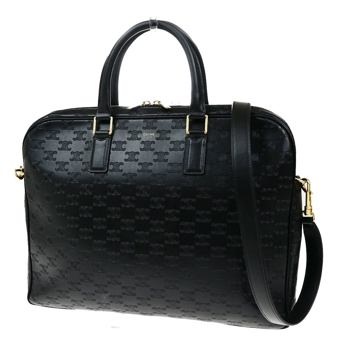 CELINE Logo Triomphe 2Way Business Shoulder Hand Bag Leather Black GHW 42RK907
