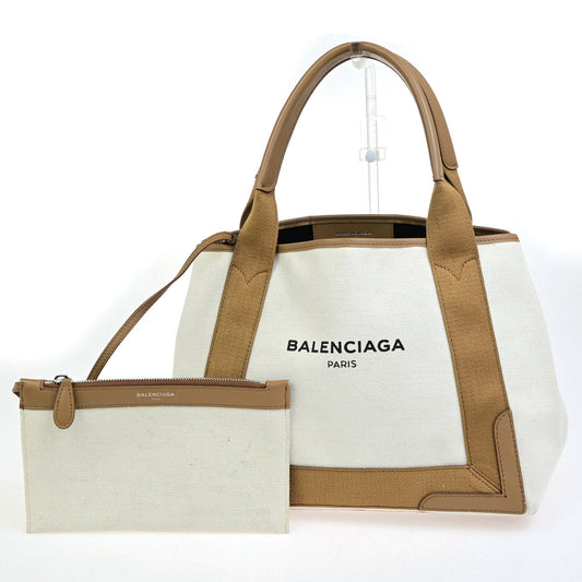 BALENCIAGA Navy Cabas S Shoulder Tote Bag Canvas Leather Brown 79YG892